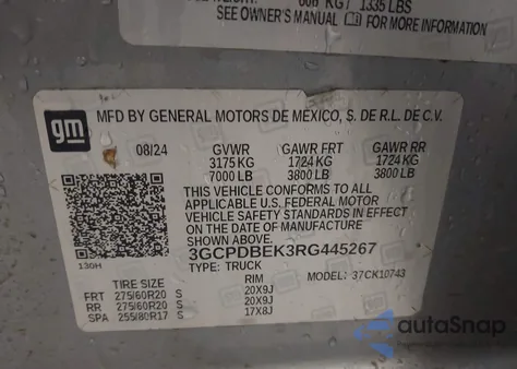 2024 Chevrolet Silverado 1500 4Wd Standard Bed Custom z USA, uszkodzony, nr VIN 3GCPDBEK3RG445267